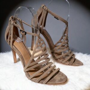 Elie Tahari Tan Suede Strappy Heeled Sandals